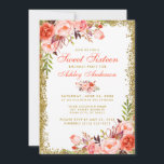 Coral Gold Glitter Floral Sweet 16 Birthday Invite<br><div class="desc">Watercolor Coral Floral and Gold Glitter Sweet Sixteen Birthday Party Invitation Card</div>