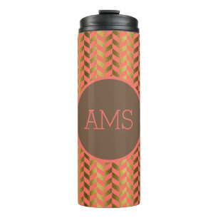 Coral & Gold Herringbone Monogram Thermal Tumbler