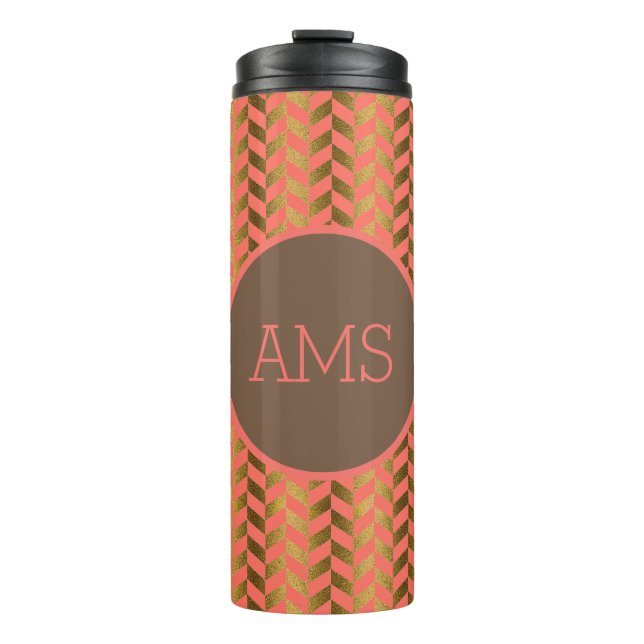 Coral & Gold Herringbone Monogram Thermal Tumbler (Front)