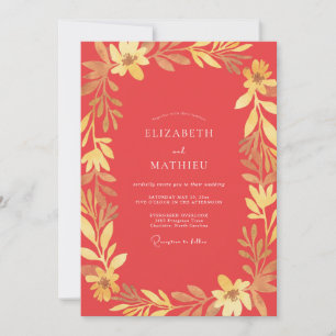 Coral Gold Leafy Wedding Invitation