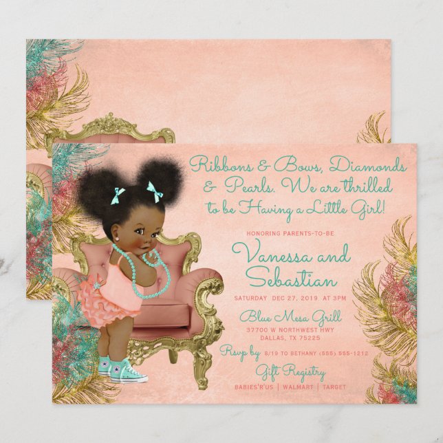 Coral Gold Mint Green Ribbons Bows Diamonds Pearl Invitation (Front/Back)