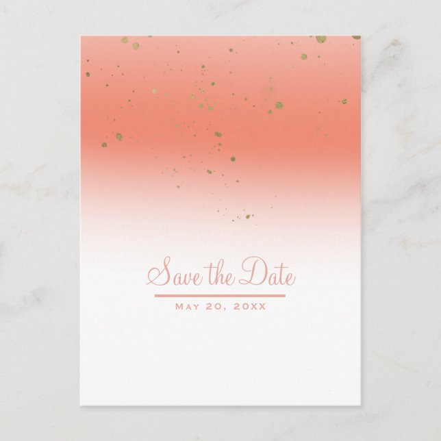 Coral Gold Modern Glam Chic Wedding Save the Date Announcement Postcard (Front)