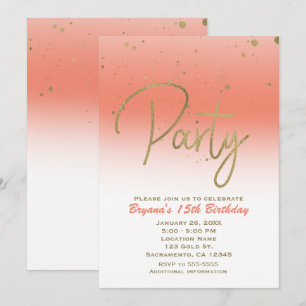 Coral & Gold Modern Glam Confetti Birthday Party Invitation