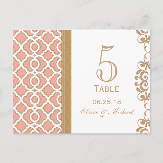 Coral Gold Moroccan Wedding Table Number Postcard (Front)