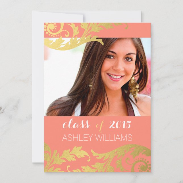 Coral Gold Swirls Photo Graduation Announcement (Front)