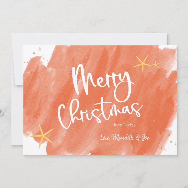 Coral & Gold Tropical Watercolor Christmas Card (Front)