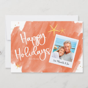 Coral Gold Tropical Watercolor Holiday Photo Card