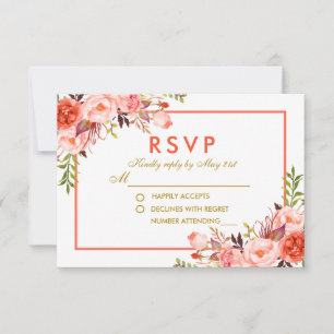 Coral Gold Watercolor Floral RSVP Wedding Card