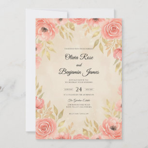Coral Gold Watercolor Wedding Invitation