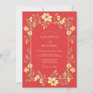 Coral Gold Wildflower Wedding Invitation