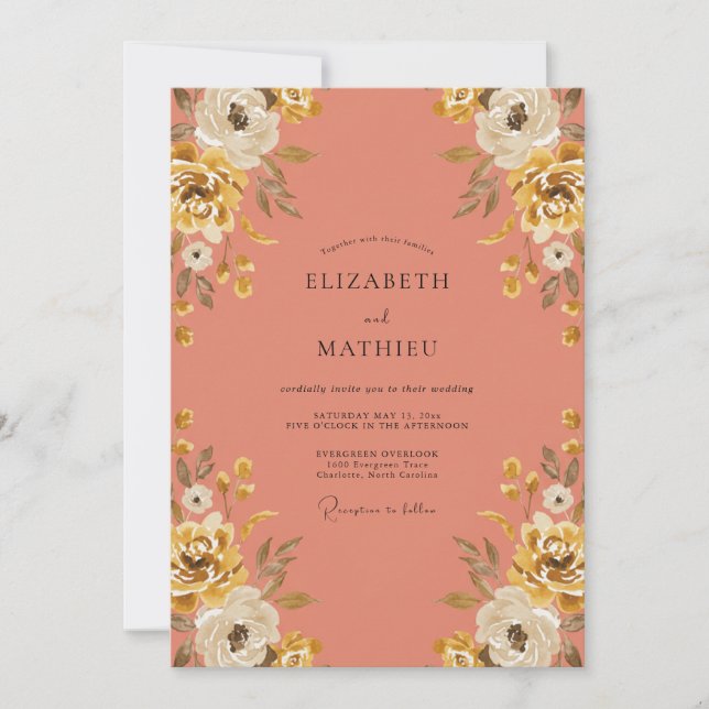 Coral Golden Painted Wedding Invitation (Front)