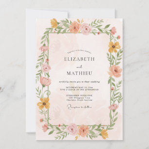 Coral Golden Sprig Eucalyptus Wedding Invitation