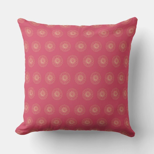 Coral | Golden Zinnia Flower Medallions Cushion (Front)
