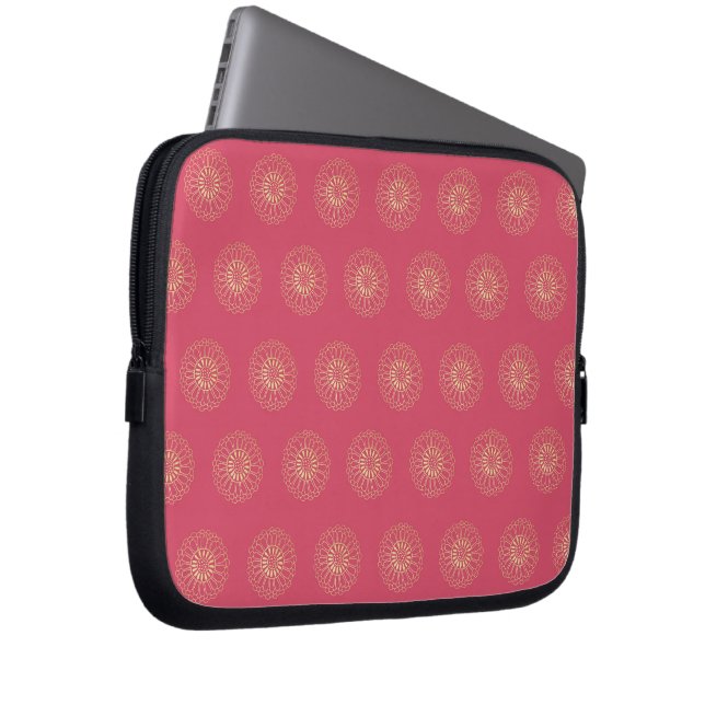 Coral | Golden Zinnia Flower Medallions Laptop Sleeve (Front Right)