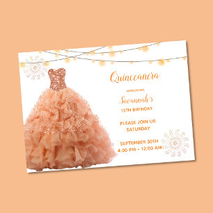Coral Gown String Lights Quinceanera Invitation