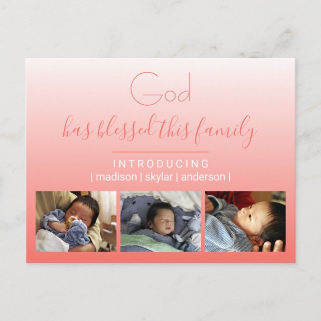 Coral Gradient 3 Photo Collage God And Family Announcement Postcard (Front)