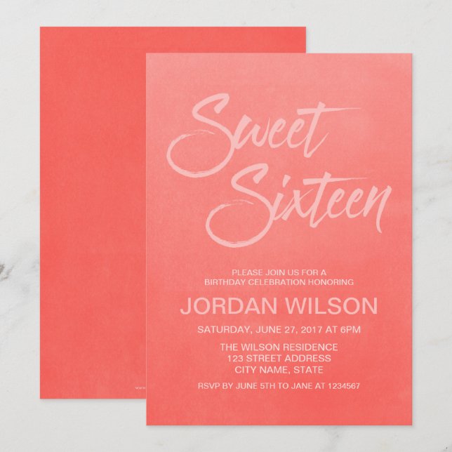 Coral Gradient Sweet 16 Birthday Invitation (Front/Back)