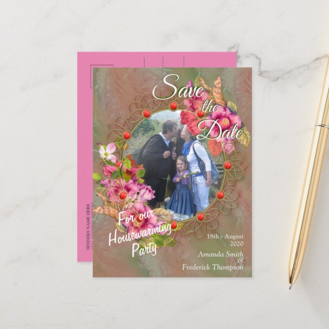 Coral, Grass & Peony-pink Blooms Announcement Postcard (Front/Back In Situ)