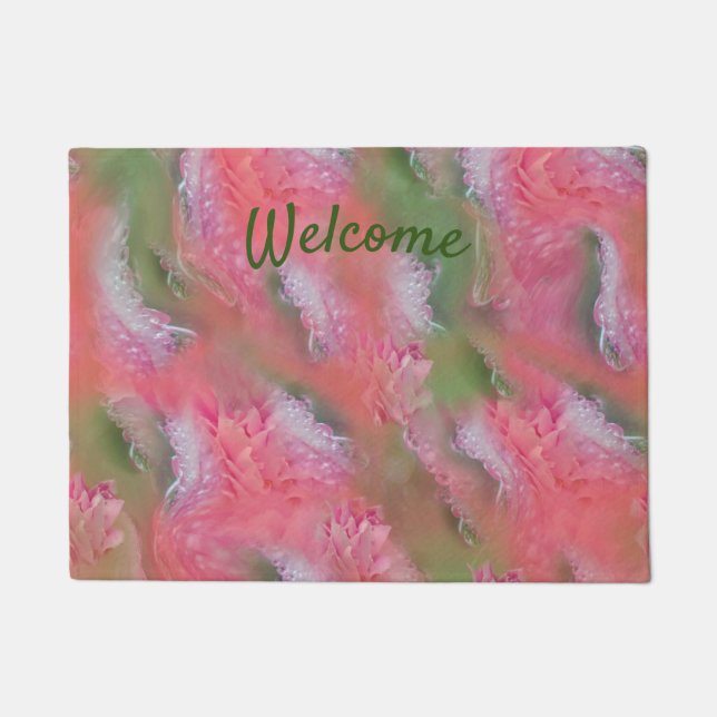 Coral, Grass & Peony-pink Blooms Doormat (Front)