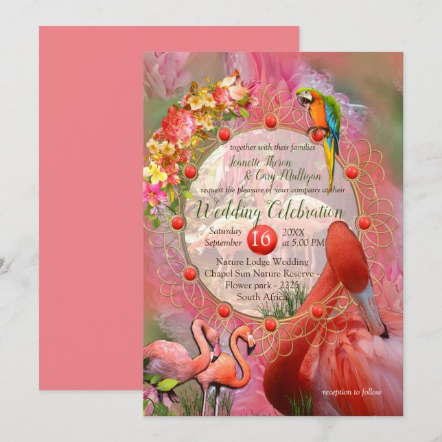 Coral, Grass & Peony-pink Blooms Invitation (Front/Back)