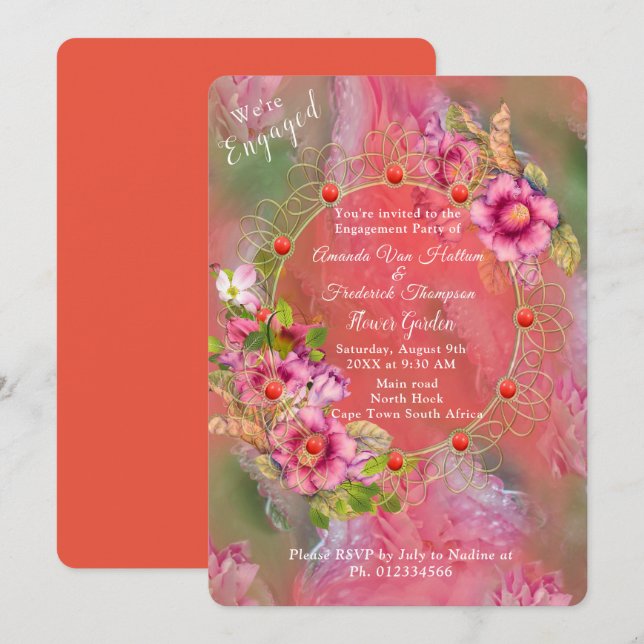 Coral, Grass & Peony-pink Blooms Invitation (Front/Back)
