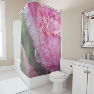 Coral, Grass & Peony-pink Blooms Shower Curtain