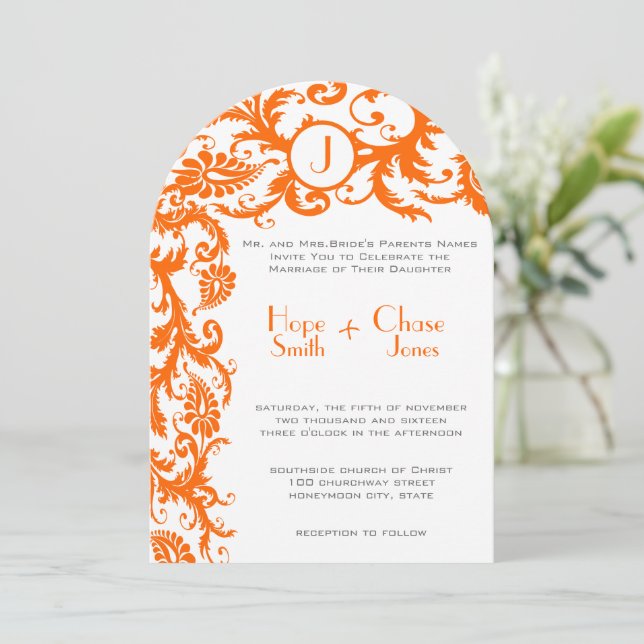 Coral & Gray Orange Damask Wedding Invitation (Standing Front)