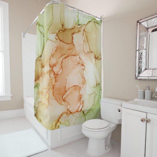 Coral Green Earth Tone Abstract Shower Curtain (In Situ)