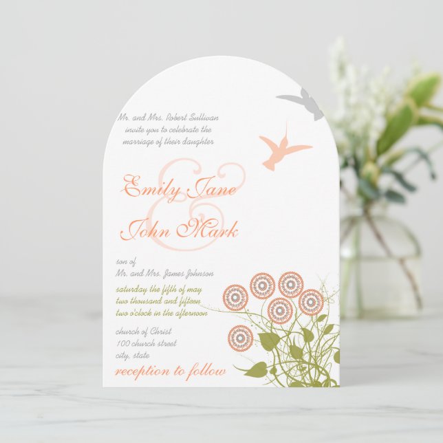 Coral Green Floral Hummingbird Love Bird Wedding Invitation (Standing Front)
