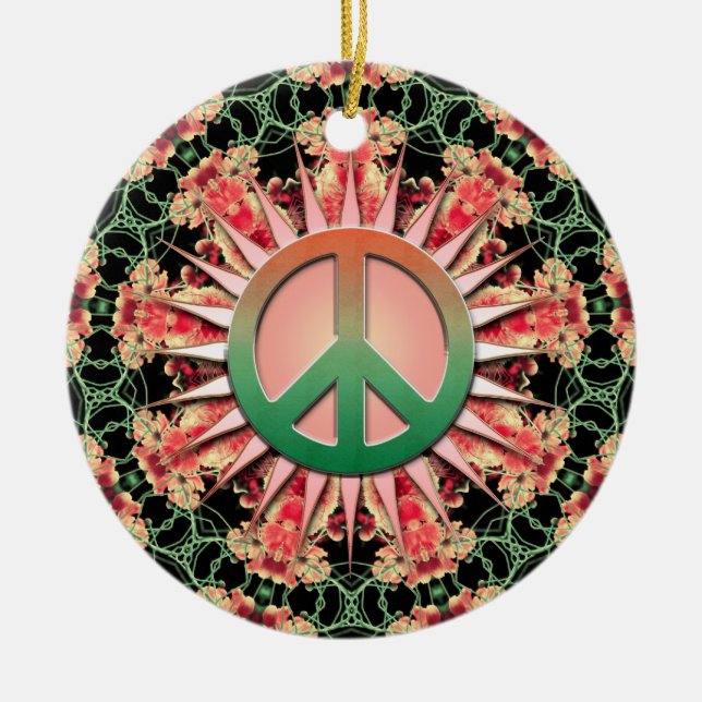 Coral Green Flower Circle Keepsake Peace Ornament (Front)