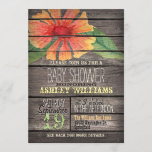 Coral & Green Flower on Rustic Wood Baby Shower Invitation