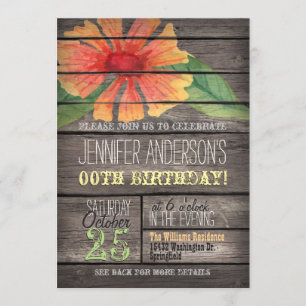 Coral, Green Flower Rustic Adult Teen Birthday Invitation