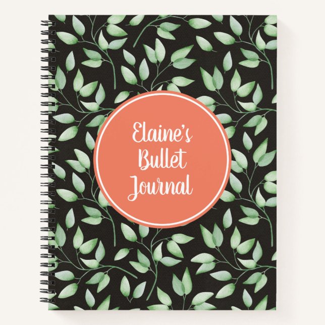 Coral & Green Leaves Custom Bullet Journal (Front)