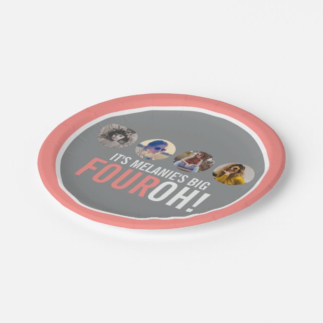 Coral grey 40th FOUROH! four photos birthday Paper Plate (Angled)