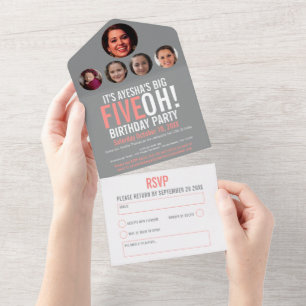 Coral Grey 50th Birthday FIVEOH! party photo All In One Invitation