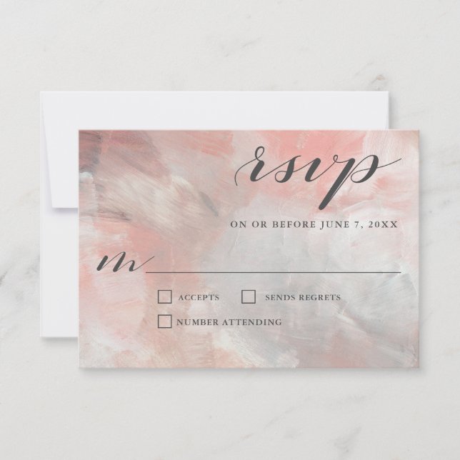 Coral Grey Abstract Brushstrokes Wedding RSVP Card (Front)