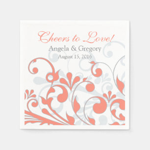 Coral Grey Abtract Floral Personalised Wedding Napkin