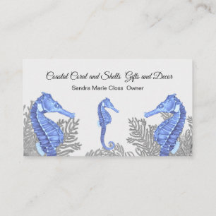 Coral Grey Blue Seahorse Simple Coastal Business Card