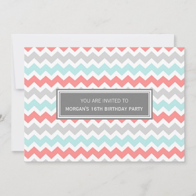 Coral Grey Chevron 16th Birthday Party Invitation (Front)