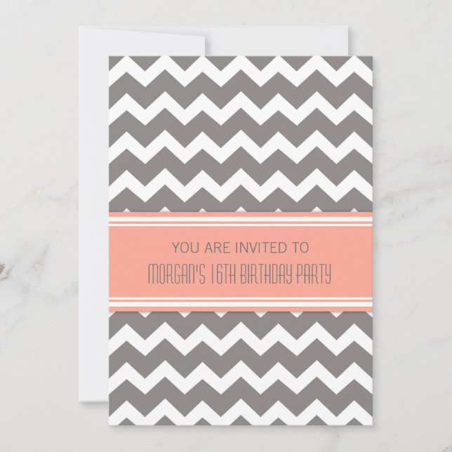 Coral Grey Chevron 16th Birthday Party Invitations (Front)