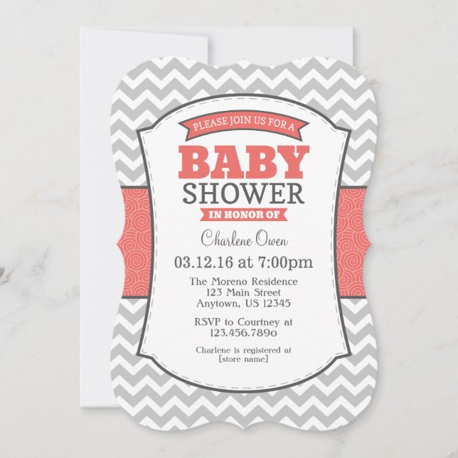 Coral Grey Chevron Baby Shower Invitation (Front)