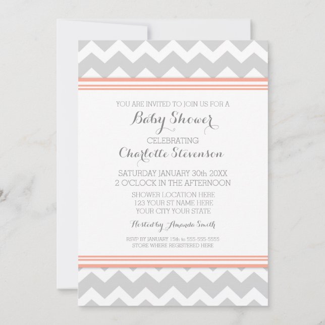 Coral Grey Chevron Custom Baby Shower Invitations (Back)