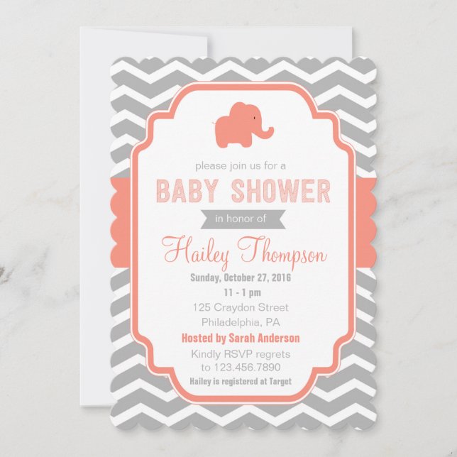 Coral  Grey Chevron  Elephant Baby Shower Invite (Front)