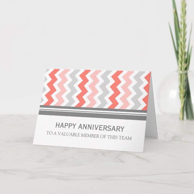Coral Grey Chevron Employee Anniversary Card (Front)