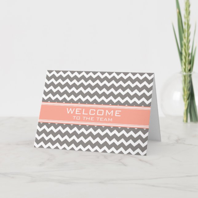 Coral Grey Chevron Employee Welcome to the Team Card (Front)