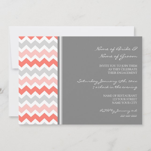 Coral Grey Chevron Engagement Party Invitations (Front)