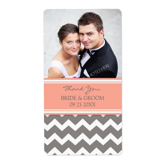 Coral Grey Chevron Photo Wedding Labels