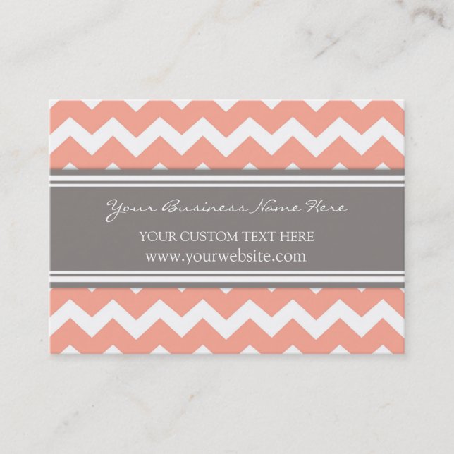 Coral Grey Chevron Retro Business Cards (Front)