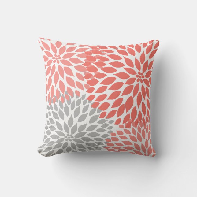 Coral Grey Dahlia floral pillow (Front)