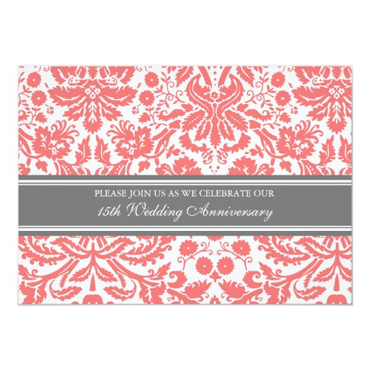 Coral Grey Damask 15th Anniversary Invitation